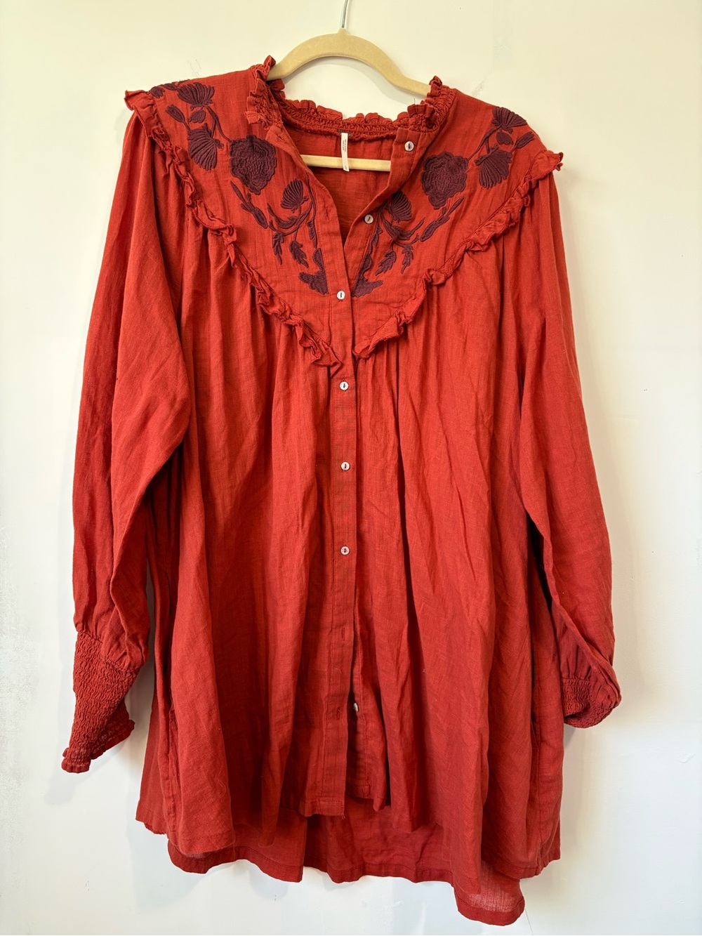 Free People Rust Red Embroidered Ruffle Button-Down Blouse